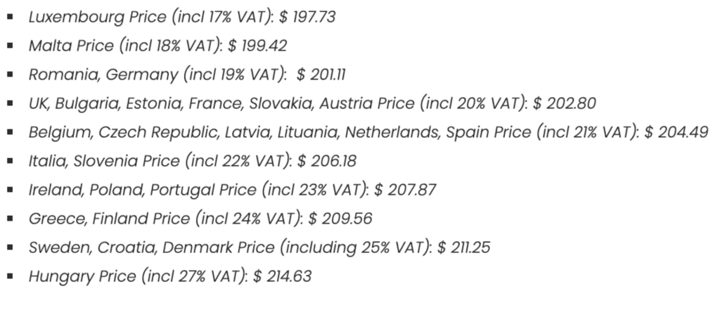 Una captura de pantalla que muestra la estructura de precios de Edgewonk en varios países de la UE.