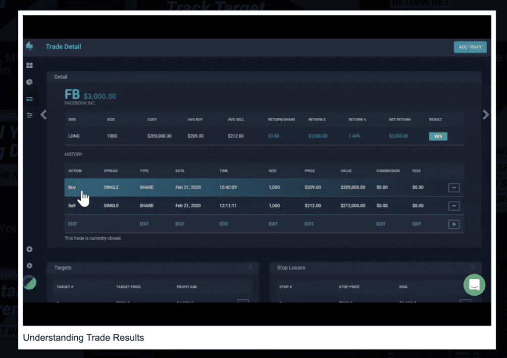 Una captura de pantalla de un video tutorial de Tradersync que demuestra cómo analizar los resultados de las operaciones.